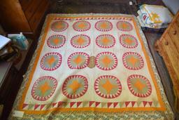 Lot #541 - Stitched applique sunflower pattern antique quilt circa 1840 some staining (quilt is