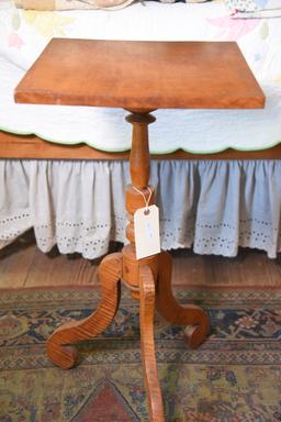 Lot #550 - Mid 19th Century Tiger Maple square top candlestand on turned base with three curved