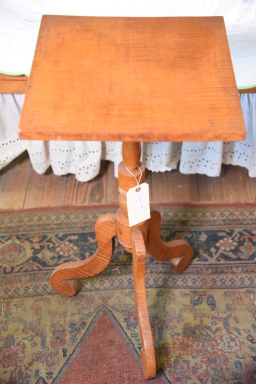 Lot #550 - Mid 19th Century Tiger Maple square top candlestand on turned base with three curved