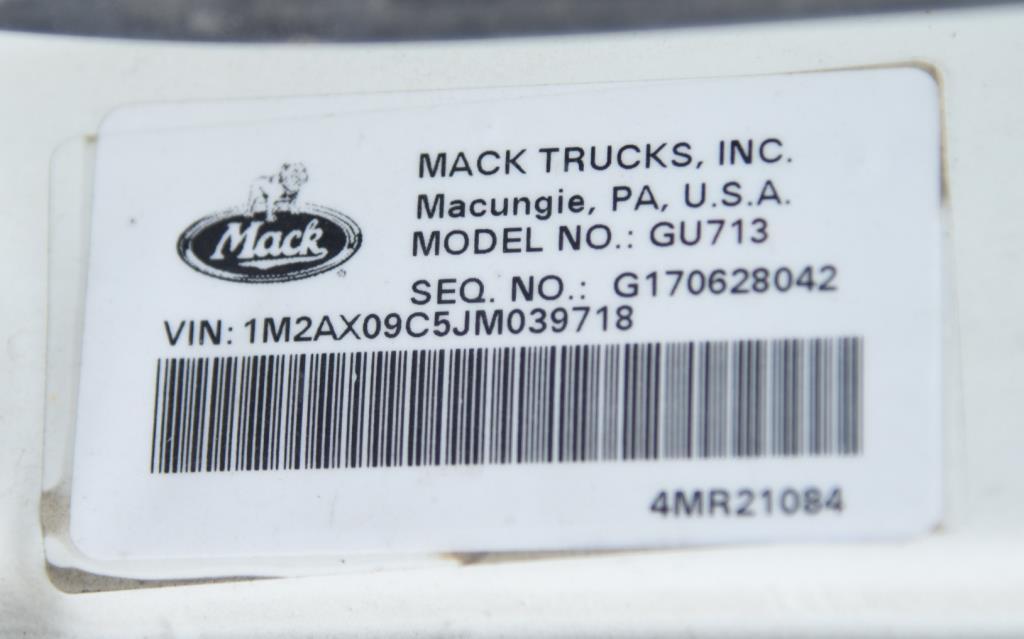 Lot #2 - 2018 Mack Granite GU713, Mack MP8-425 HP 12.8L Diesel SN# 179519 w/ Maxitourque 8 speed