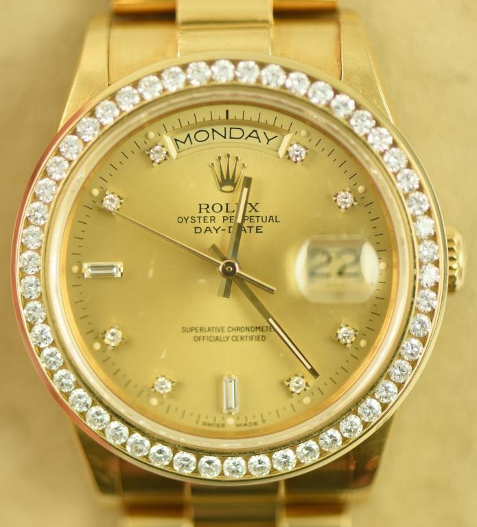 Lot #2 - 18K Yellow Gold Men’s Rolex Presidential Wrist Watch with Champagne dial with Full cut