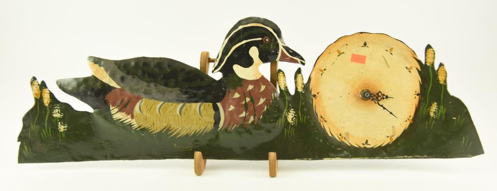 Lot # 4574 - Hand made tin duck cut out clock with painted wood duck signed R. Donnoly (25”x 8”)