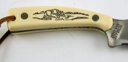 Lot # 4581 - (2) Knives: Schrade Scrimshaw skinning knife, Schrade 4” folder with synthetic handle