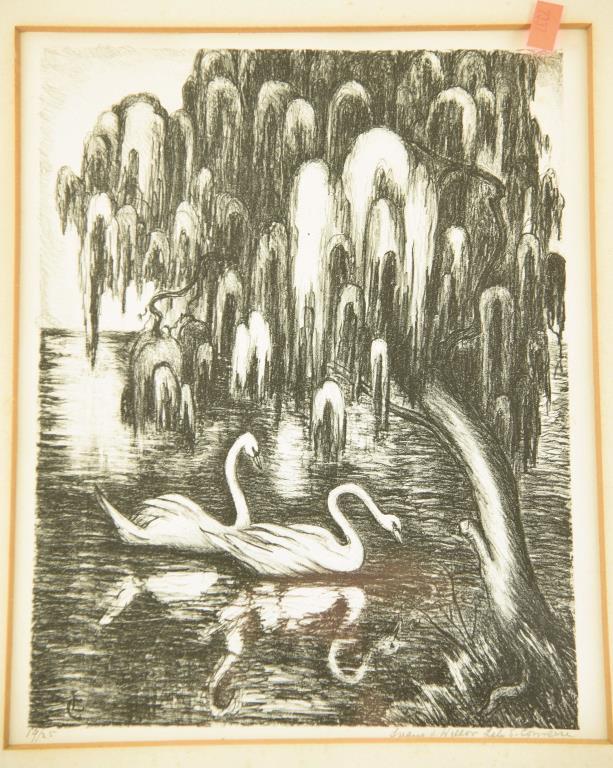Lot # 4591 - “Swans and Willow” framed black and white lithograph signed and numbered Lily S.