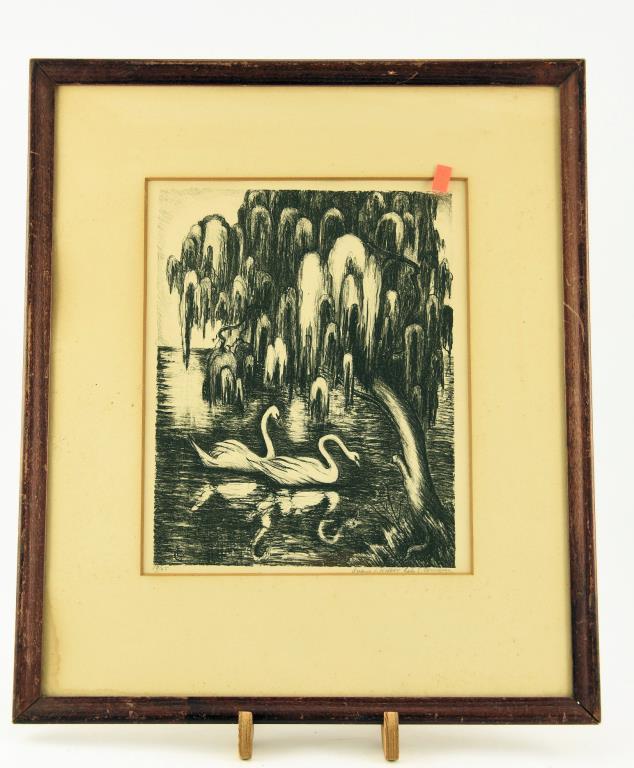 Lot # 4591 - “Swans and Willow” framed black and white lithograph signed and numbered Lily S.