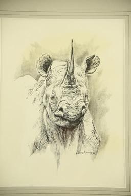Lot # 4038 - Ink drawing by Larry Norton titled “Black Rhino”. Signed and dated Larry Norton 89.