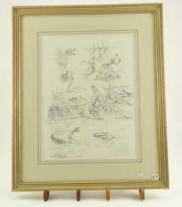 Lot # 4039 - Pencil sketch by Larry Norton depicting an African tribal scene with alligators,