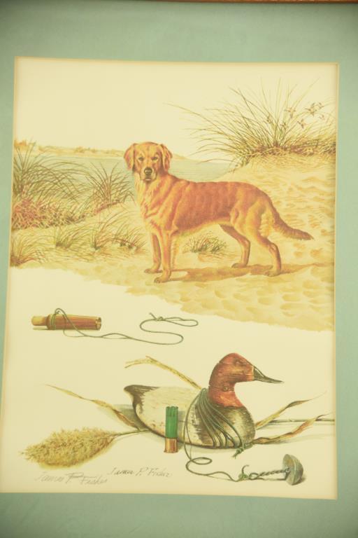 Lot # 4043 - Print w/ hunting related scenes by James P. Fisher. Depicts a golden retriever, a