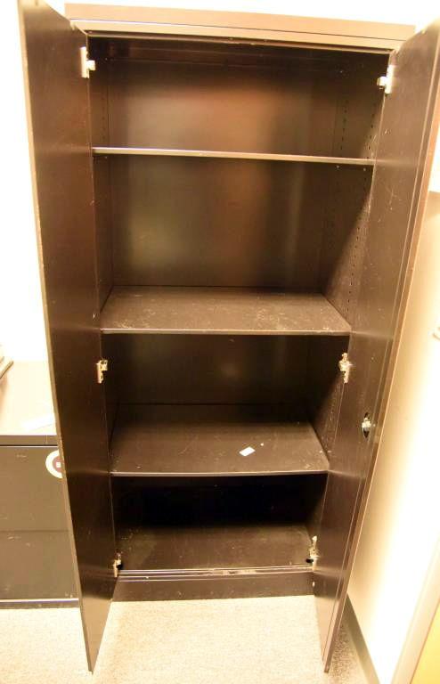 Lot #1264 - Heavy duty commercial two door locking black matte finish supply cabinet 68” x 30”x 18”