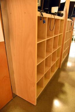 Lot #1270 - Contemporary natural finish 16 compartment storage case/bookcase (59” x 59” x 17”)