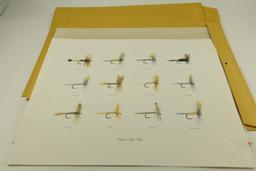 Unframed print of “Classic Dry Flies”, (12) unframed prints of hunting dogs by Strasser