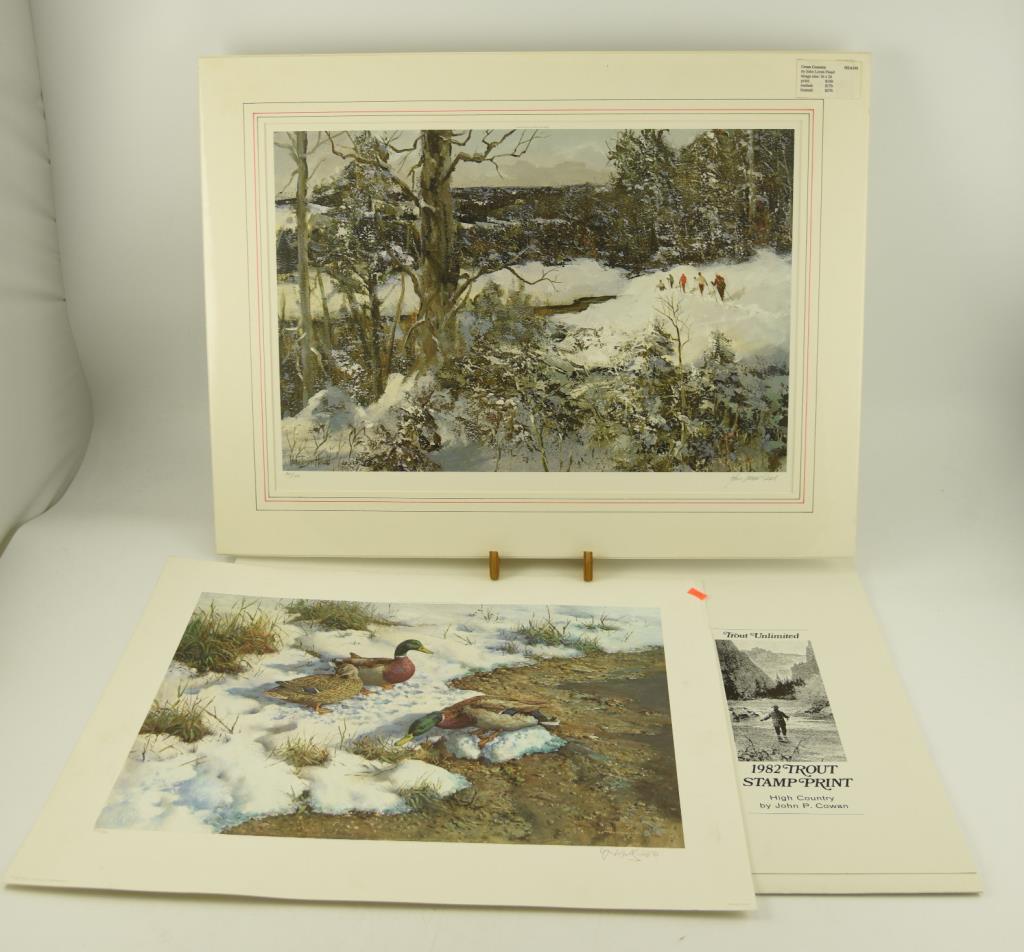 (13) prints of Mallards by William Hollywood, 1982 Trout Stamp print by John Cowan matted print