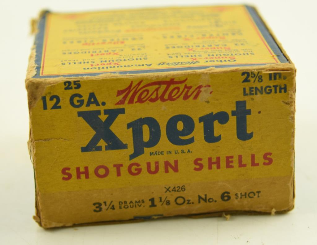 Vintage Western XPert 12 gauge 2 5/8” Shotgun shell box with (4) shells and Vintage Wards Redhead