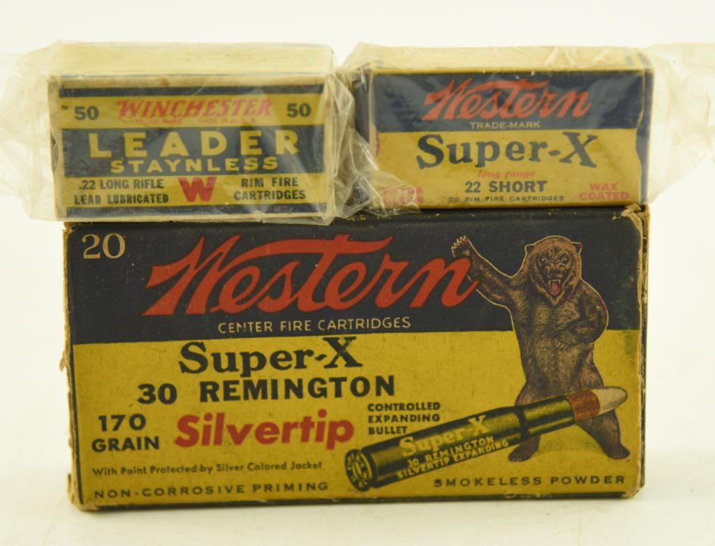 Box of vintage Western Super X .22 short, Vintage box of Winchester Leader .22 long rifle,