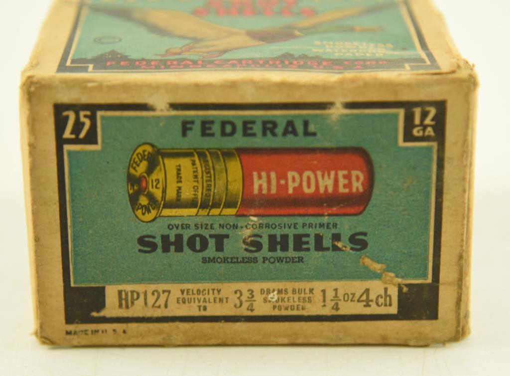 Vintage box of Federal Cartridge Co. Hi-Power 12 gauge 4 shot unopened