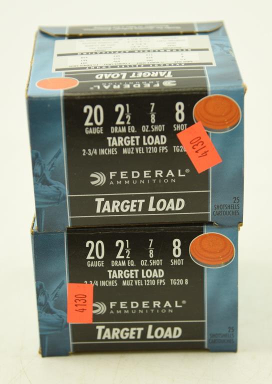 (2) full boxes of Federal 20 gauge 2 ½” 8 shot and (2) full boxes of Winchester 20 gauge 2 ¾” #8