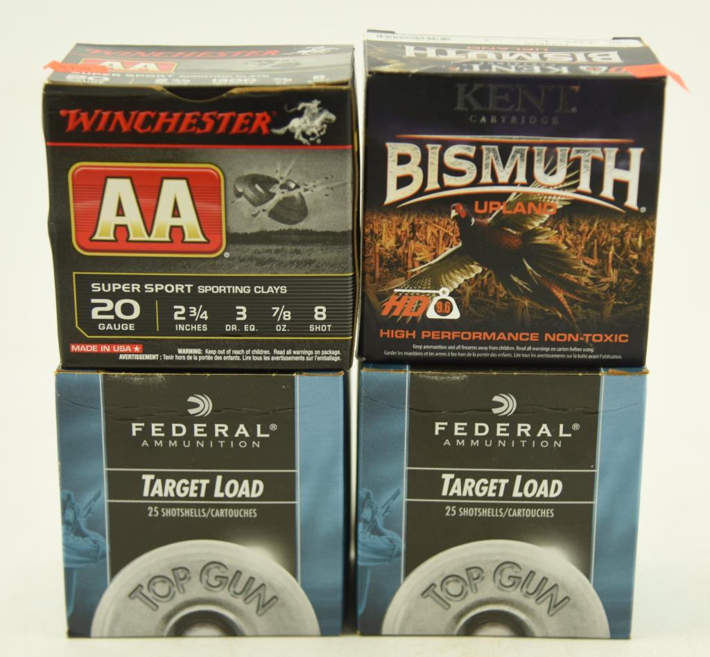 (2) full boxes of Federal 20 gauge 2 ½” 8 shot and (2) full boxes of Winchester 20 gauge 2 ¾” #8