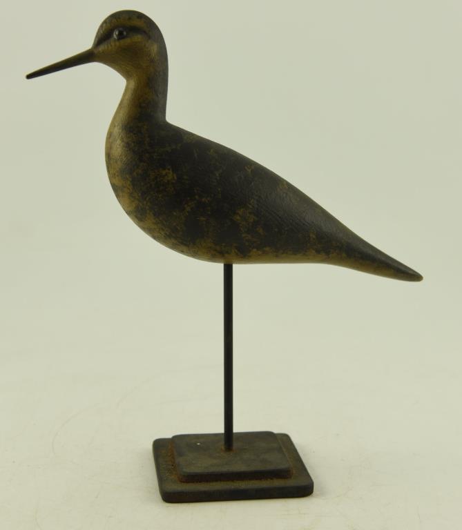 Bob Brown Barnegat, NJ hand carved standing Yellowlegs on cast iron pedestal base original paint