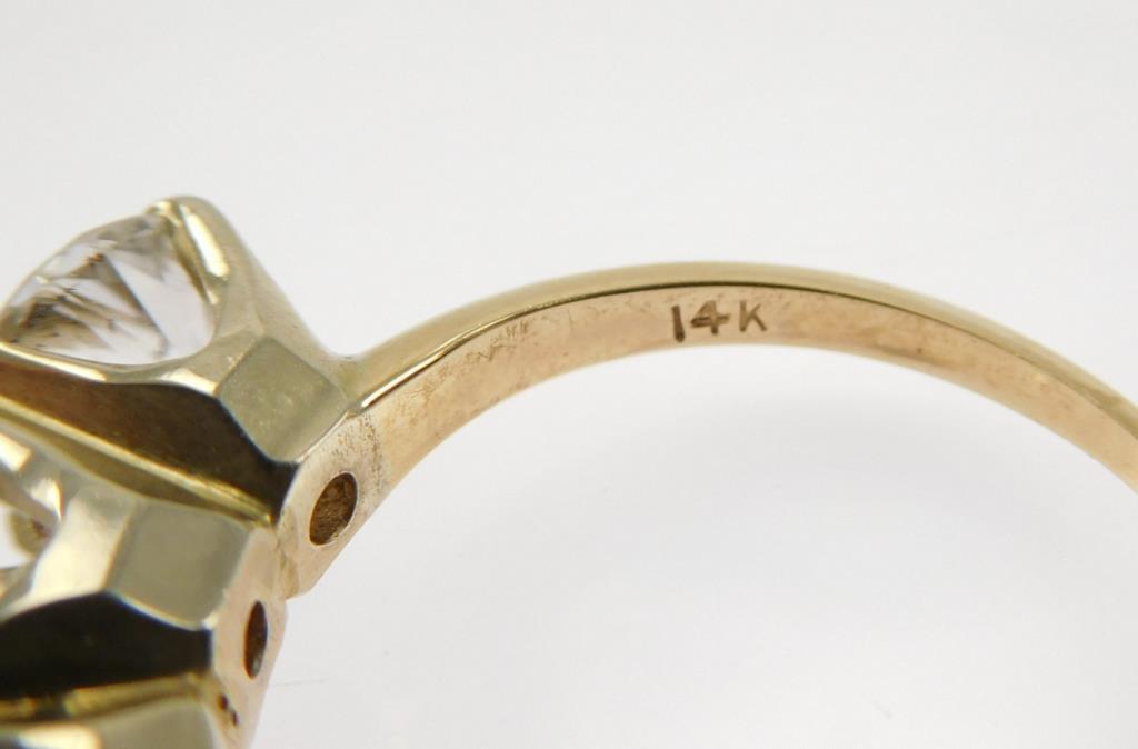 Lot #8: 14k ladies 3 diamond ring: (14k yellow gold narrow half round shank/ 3 - 14k white gold