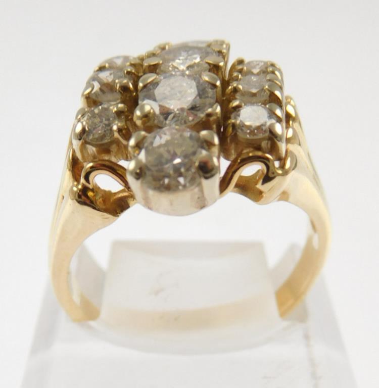 Lot #9: 14k ladies 3 vertical row cocktail ring (14k yellow gold tapered 11mm X 2.5 mm ribbed