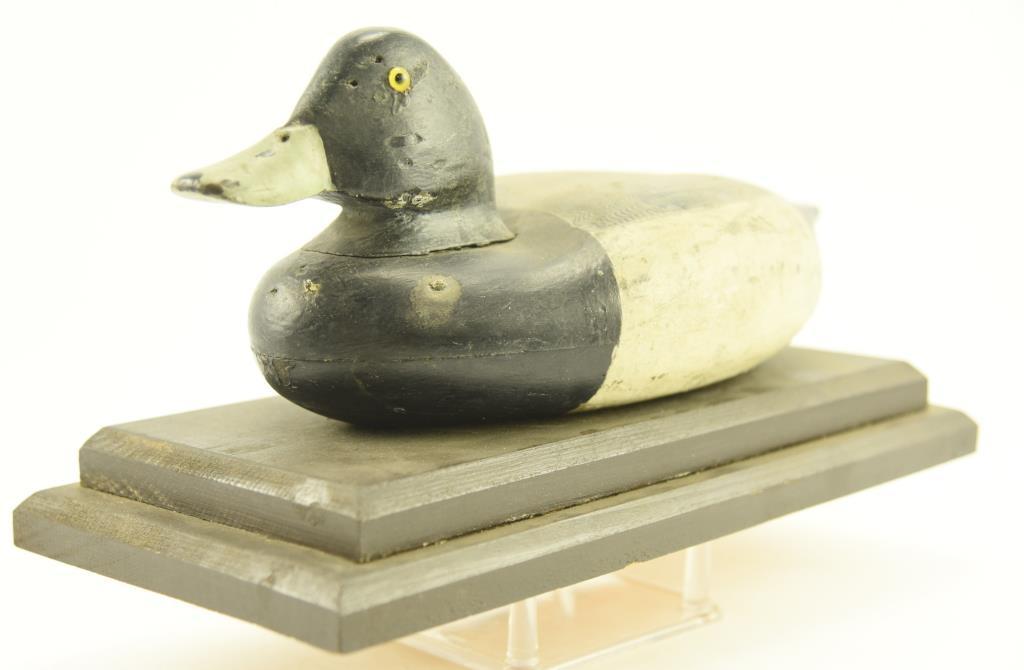 Lot #319 - Factory Bluebill Drake decoy on wooden stand Saybrooke, CT with gunning wear A51.108