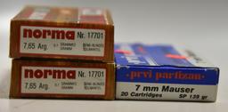 Lot #8 - (2) full boxes of Norma 7.65 Arg 40rds (1) box Prvi partisan 7mm Mauser Ammo 20rds,