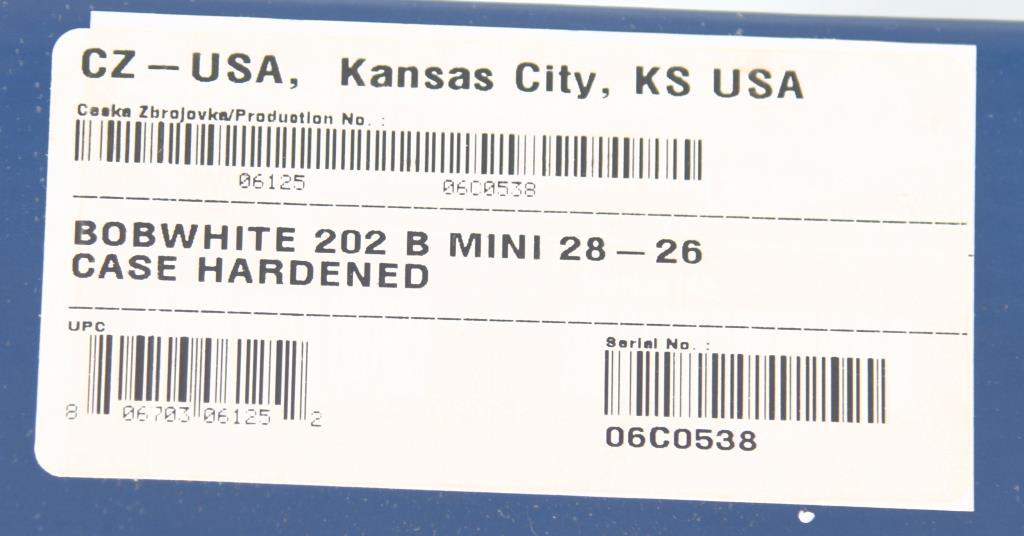 MANUFACTURER/IMP BY: CZ/CZ USA, MODEL: Bobwhite 202B, ACTION TYPE: Side by Side Shotgun, CALIBEr/