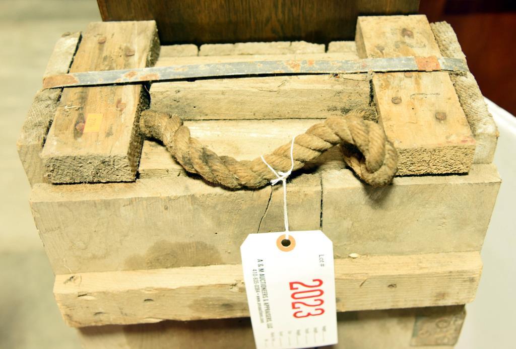 Lot #2023 - Empty US Military 90mm M35 and M41 Cannon solid projectiles wooden crate 44” x 13” x 8”