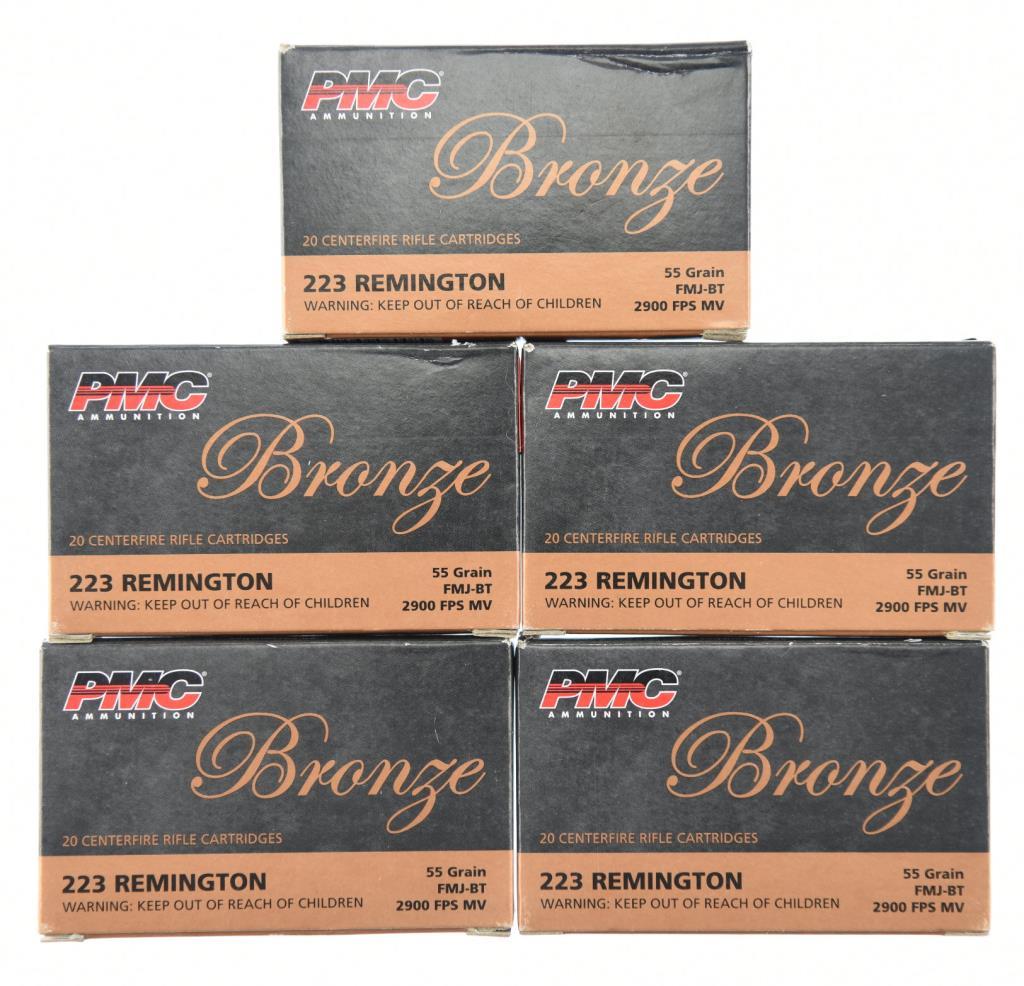 Lot #2353 - 5 Boxes of PMC Bronze .223 Rem 55Gr FMJ-BT (5 Box of 20 = 100 +/- Rds) w/Plastic