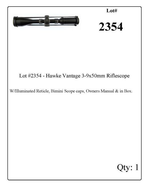 Lot #2354 - Hawke Vantage 3-9x50mm Riflescope W/Illuminated Reticle, Bimini Scope caps, Owners