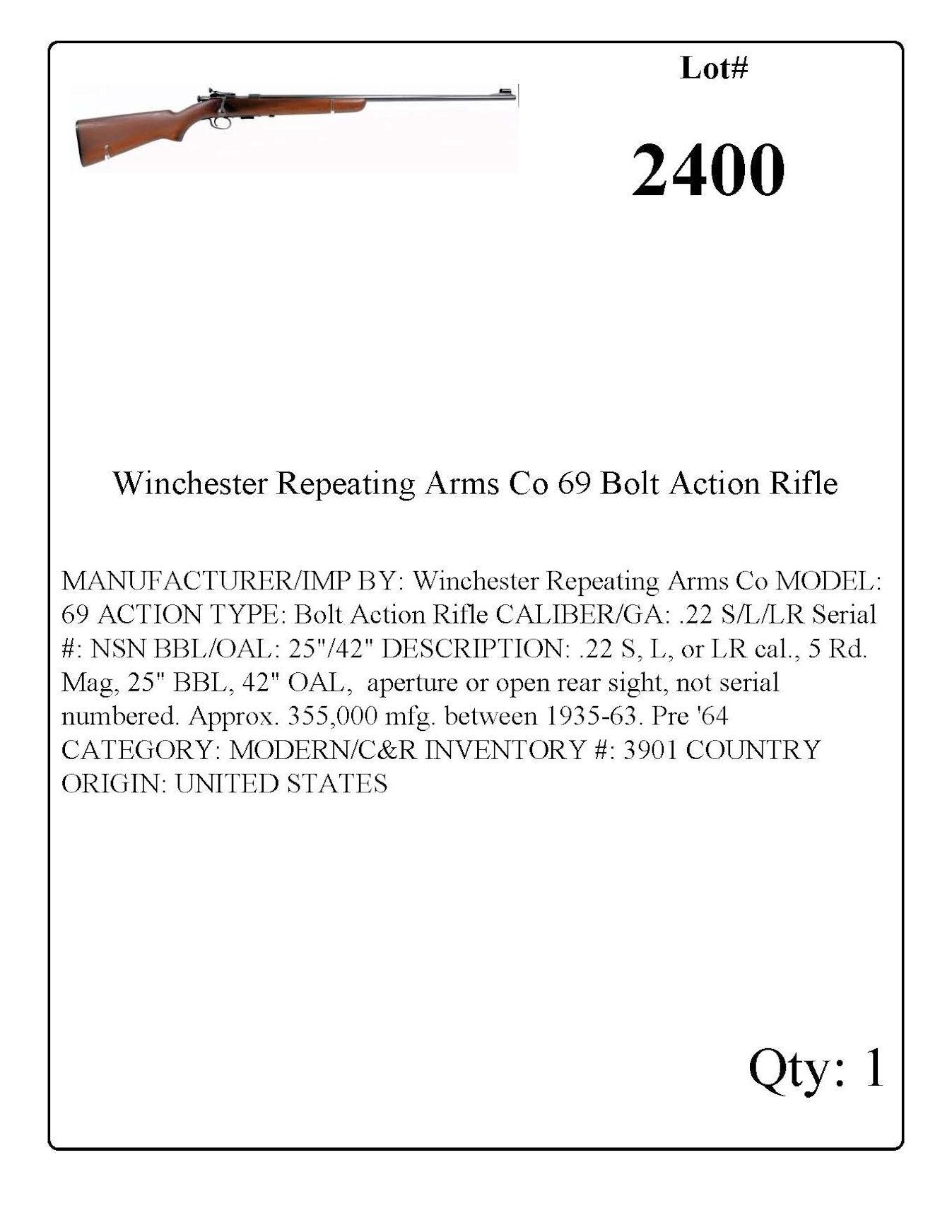 Winchester Repeating Arms Co 69 Bolt Action Rifle