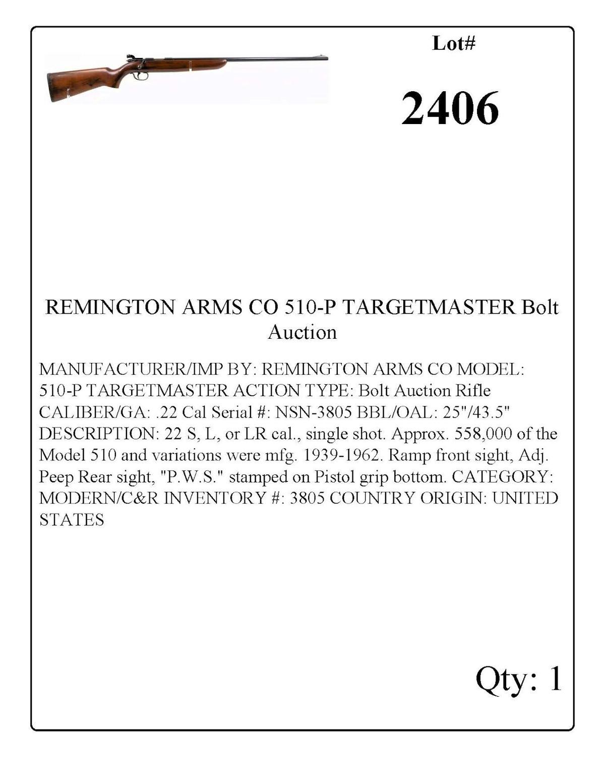 REMINGTON ARMS CO 510-P TARGETMASTER Bolt Action Rifle