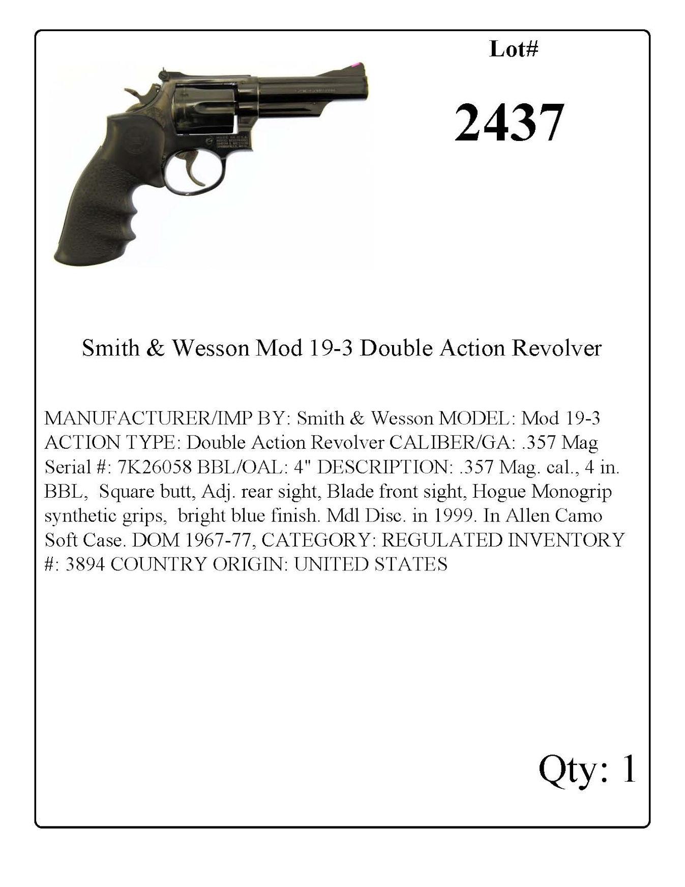 Smith & Wesson Mod 19-3 Double Action Revolver