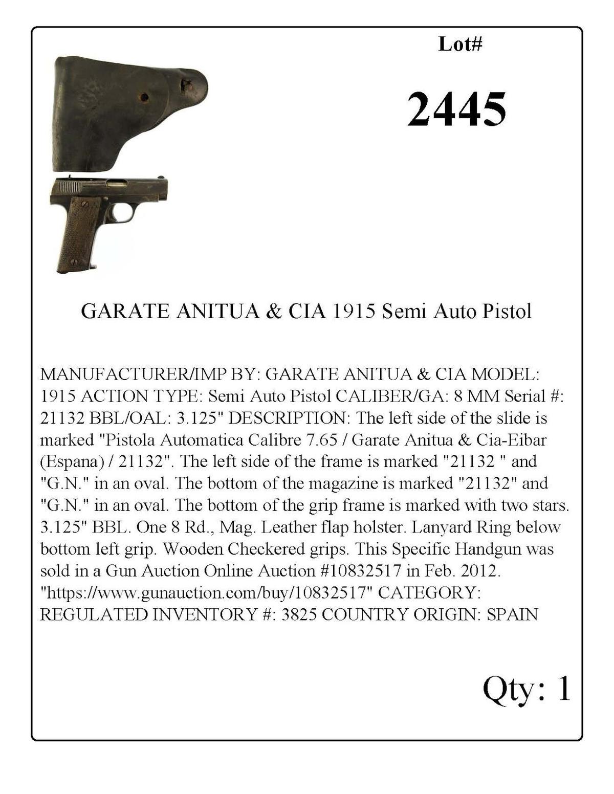 GARATE ANITUA & CIA 1915 Semi Auto Pistol