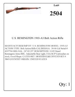 U.S. REMINGTON 1903-A3 Bolt Action Rifle