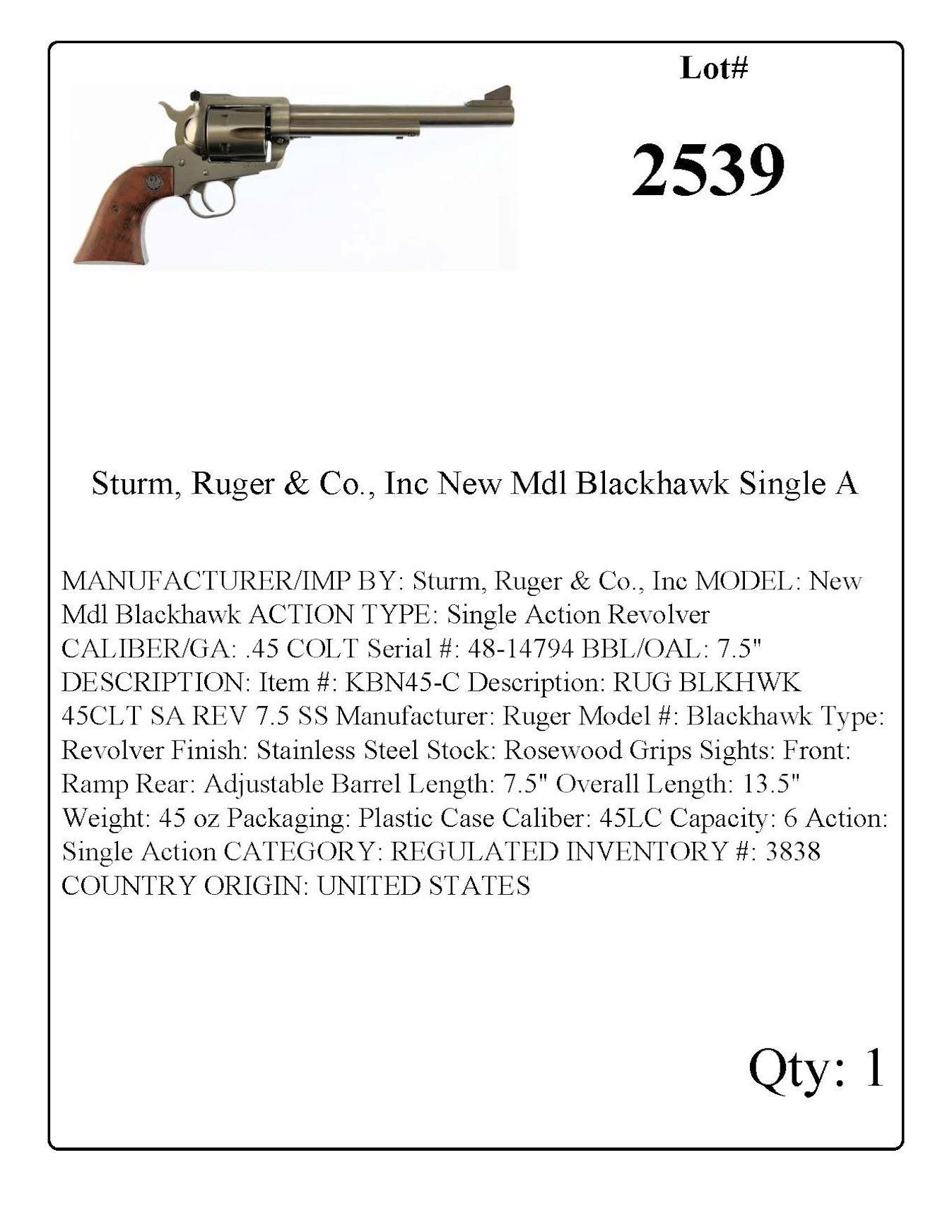 Sturm, Ruger & Co., Inc New Mdl Blackhawk Single Action Revolver