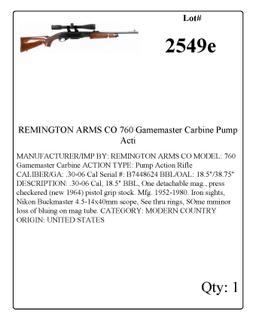 REMINGTON ARMS CO 760 Gamemaster Carbine Pump Action Rifle .30-06