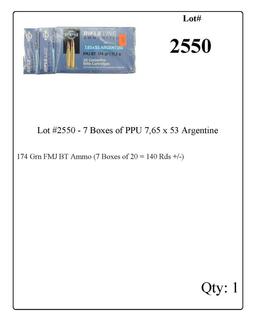 Lot #2550 - 7 Boxes of PPU 7,65 x 53 Argentine 174 Grn FMJ BT Ammo (7 Boxes of 20 = 140 Rds +/-)