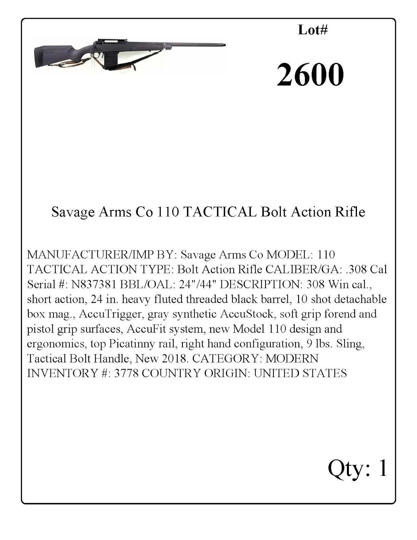 Savage Arms Co 110 TACTICAL Bolt Action Rifle