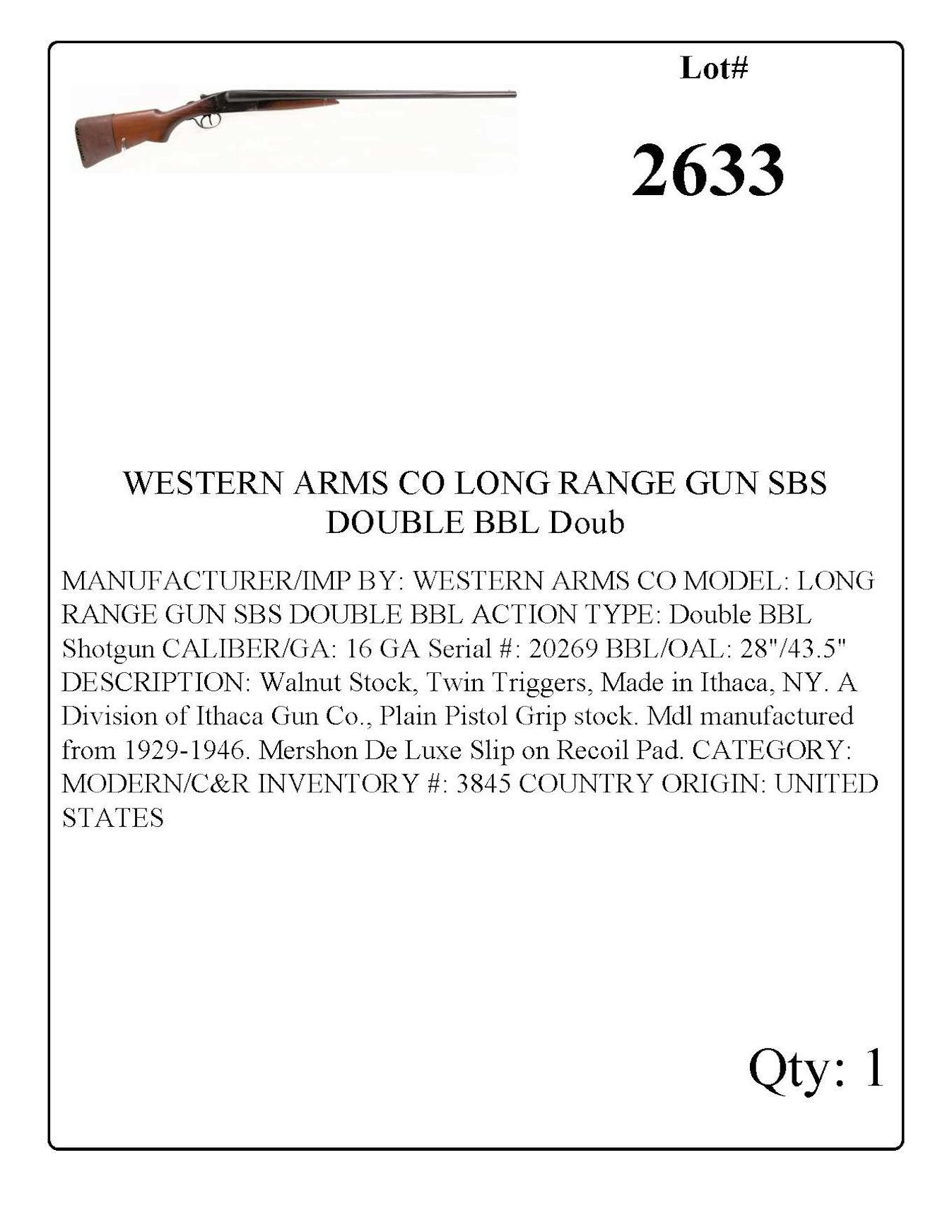 WESTERN ARMS CO LONG RANGE GUN SBS DOUBLE BBL SHotgun