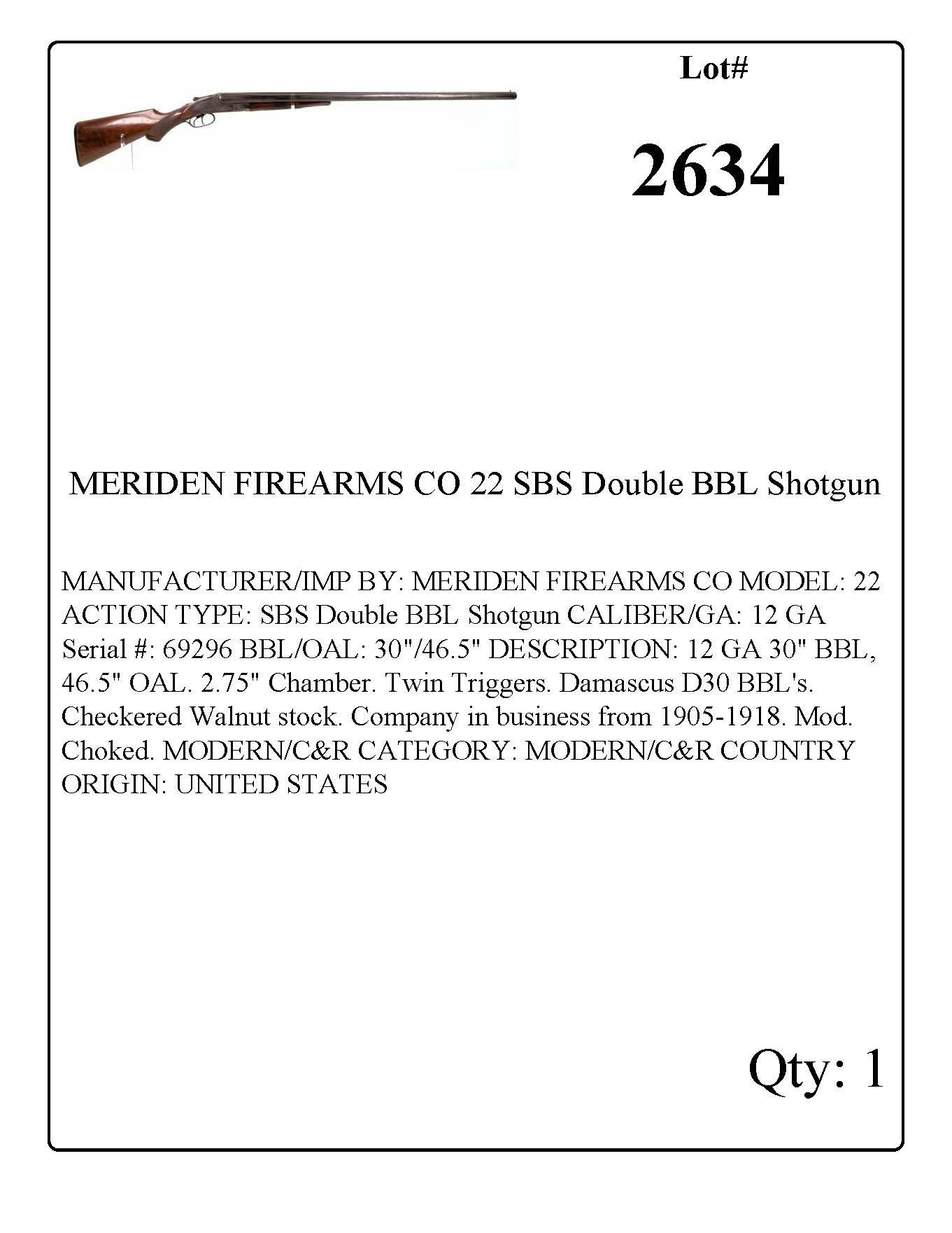 MERIDEN FIREARMS CO 22 SBS Double BBL Shotgun 12 GA