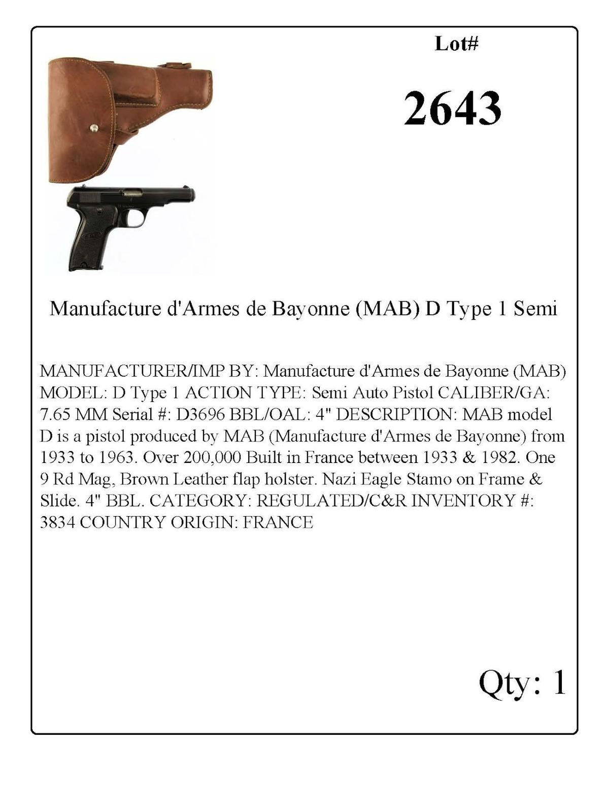 Manufacture d'Armes de Bayonne (MAB) D Type 1 Semi Auto Pistol