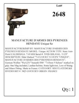 MANUFACTURE D'ARMES DES PYRENEES HENDAYE Unique Semi Auto Pistol