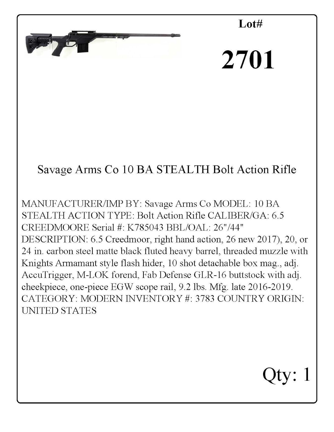 Savage Arms Co 10 BA STEALTH Bolt Action Rifle