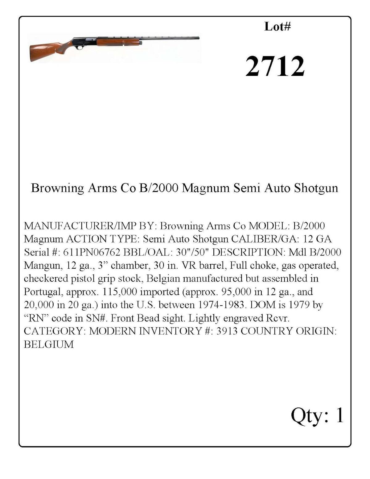 Browning Arms Co B/2000 Magnum Semi Auto Shotgun