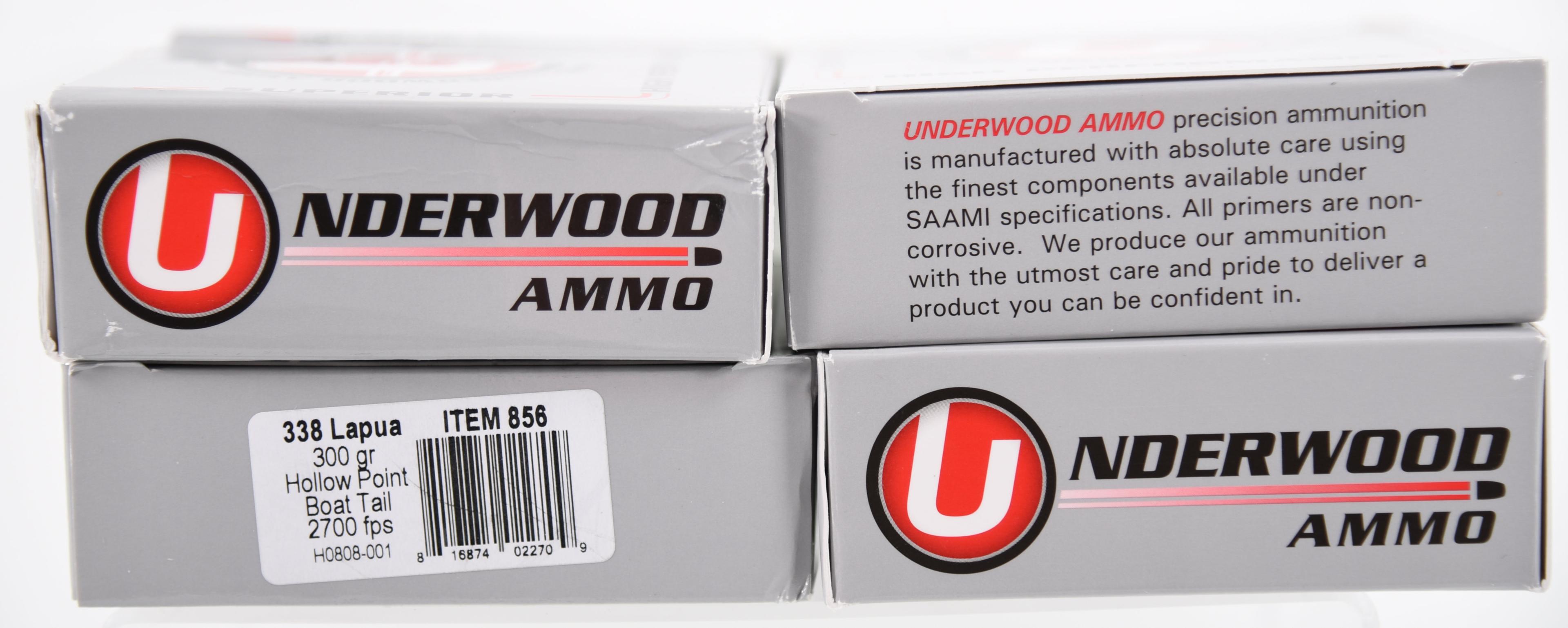 Lot #2784 - 4 Boxes of 10 (40 Rds) Underwood .338LM Lapua Magnum. 300 Grn HPBT. 2,700 FTS.