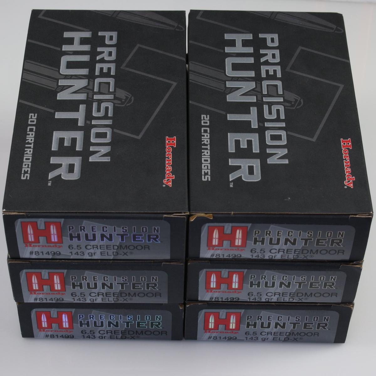 Lot of 120 rounds of new-in-the-box Hornady Precision Hunter 6.5 Creedmoor 143 gr ELD-X rifle ammo