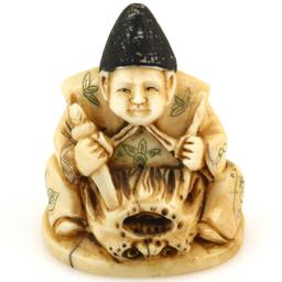 Vintage genuine hand-carved ivory Chinese man playing with rats figurine