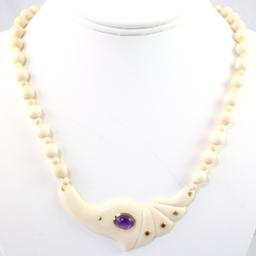 Estate genuine ivory amethyst, natural ruby, emerald & sapphire necklace with gold accents