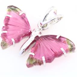 Estate 18K white gold carved watermelon tourmaline butterfly pendant